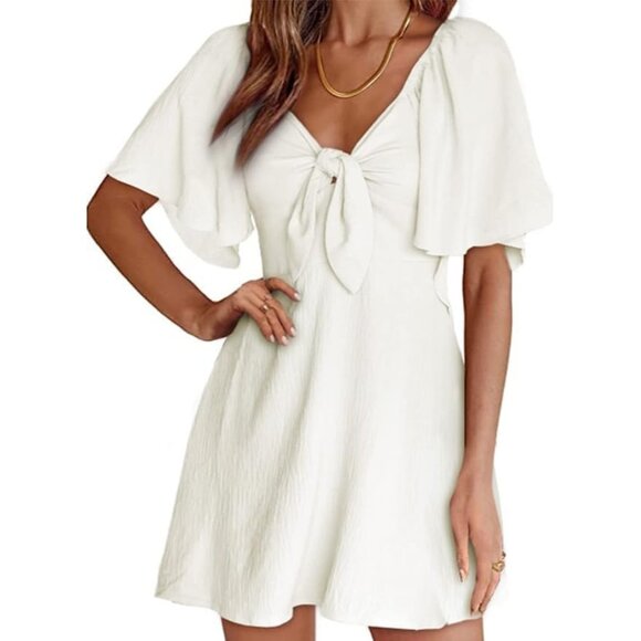 Womens Dresses White Spring Summer Deep V Neck Elegant Bow tie Mini Dress - Picture 1 of 4